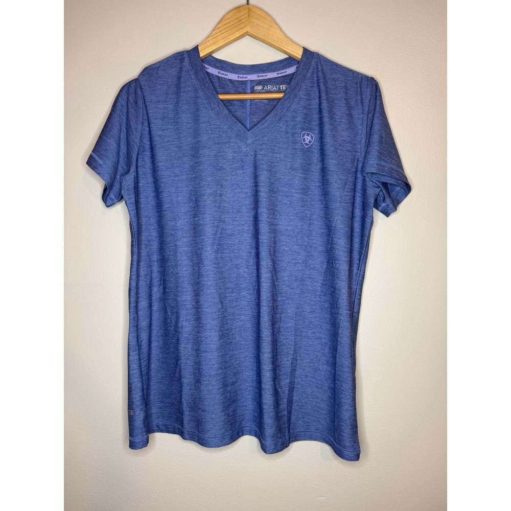 AriatTEK Womens Blue Space Dye Heathered V-Neck Short Sleeve‎ Performance Top M